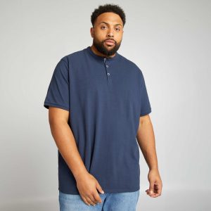 Polo en piqué de coton à col mao Bleu marine